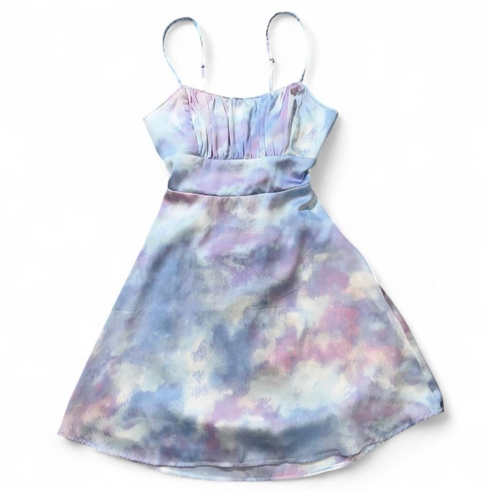 Hollister - XS - Satin Pastel Watercolor / Tie-Dye Mini Dress with Large Bows